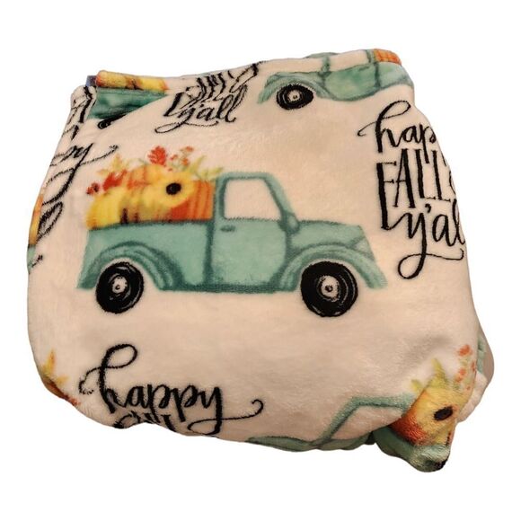Autumn LEAVES  Oversized plush throw HAPPY FALL Y'ALL  white with teal truck pri - Picture 2 of 11